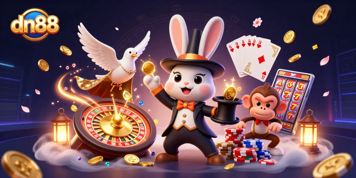 Join the excitement at dn88 with a magician rabbit conjuring coins and poker chips in a vibrant casino scene.