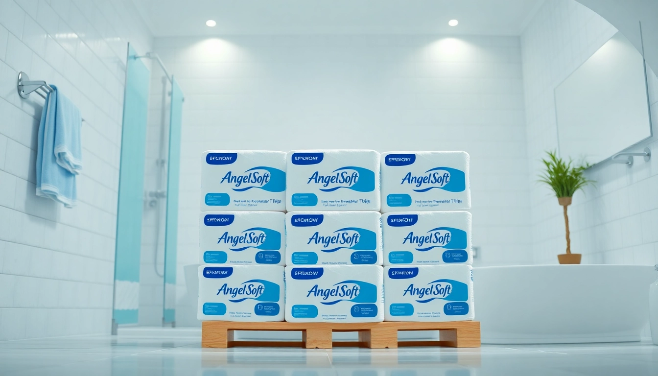 View of Angel Soft Toilet Paper Pallets stacked in a modern bathroom, highlighting quality and cleanliness.