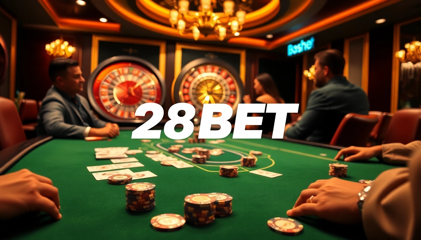 Experience the thrill of gambling at 28BET's luxurious casino with poker chips and roulette.