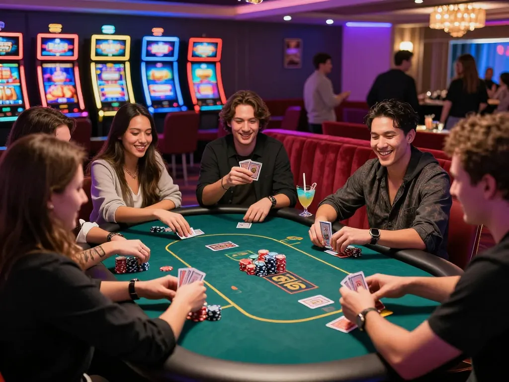 Exciting gaming experience at the 789 club with friends at a poker table enjoying cocktails.