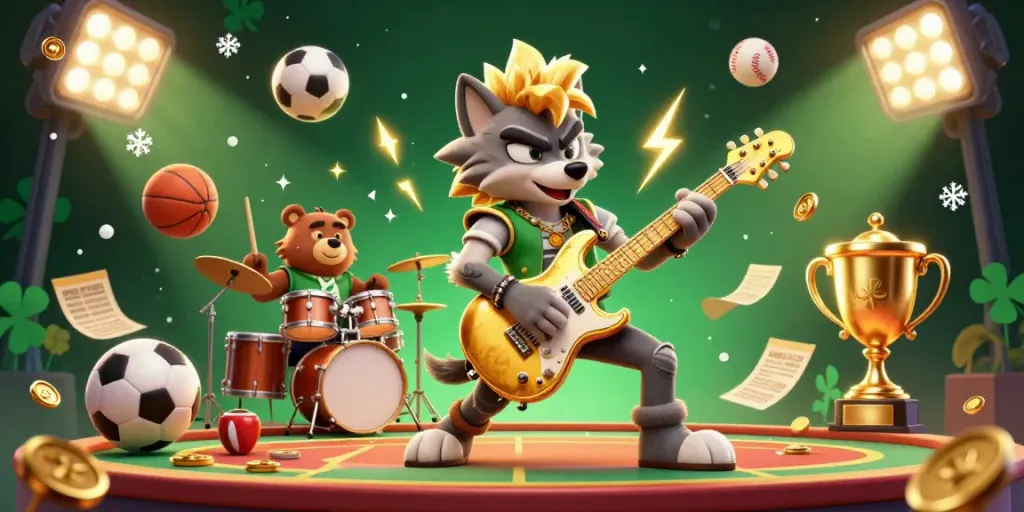 Experience thrilling gameplay at sky88, with a rock star wolf performing on a vibrant casino stage against a backdrop of sports excitement.