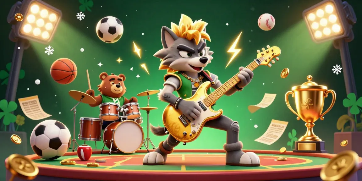 Experience thrilling gameplay at sky88, with a rock star wolf performing on a vibrant casino stage against a backdrop of sports excitement.