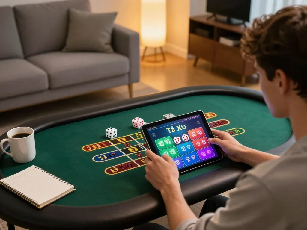 Tài Xỉu gaming session on a tablet highlighting engaging gameplay and cozy home ambiance