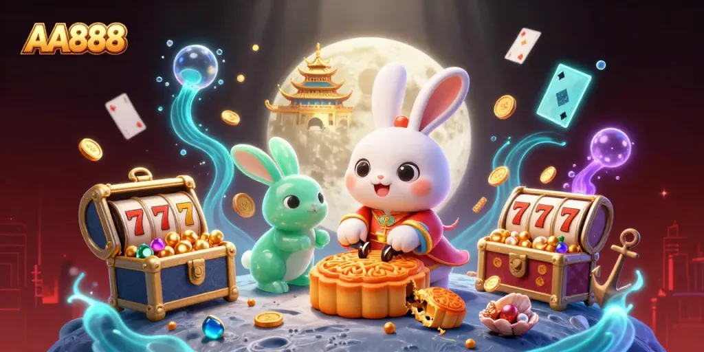 Engage with AA888's moon rabbit theme featuring golden mooncakes and poker chips in an immersive casino gaming scene.