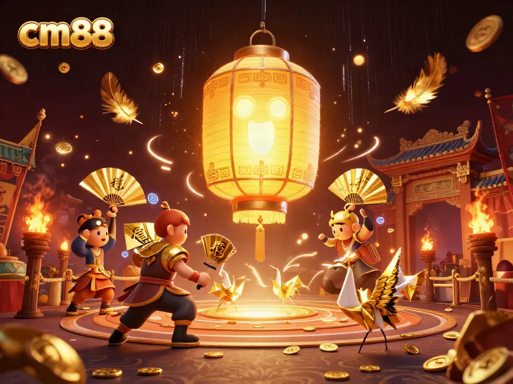 Experience the vibrant cm88 casino with a golden spirit, paper fan warriors, and exciting game elements.