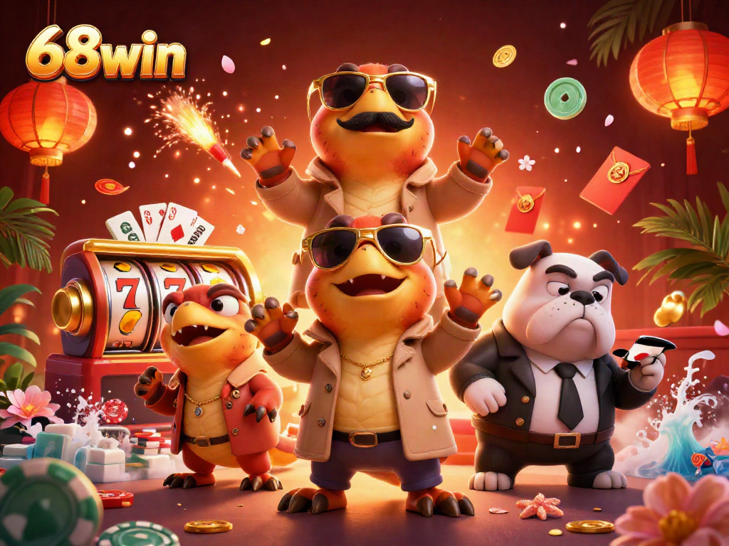 Experience the excitement at 68win with three raptors sneaking into a VIP lounge in this vibrant casino illustration.