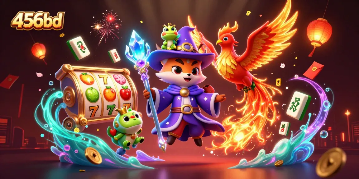 Engage with the vibrant world of 456bd through a rich 3D casino scene filled with wizards and magical elements.