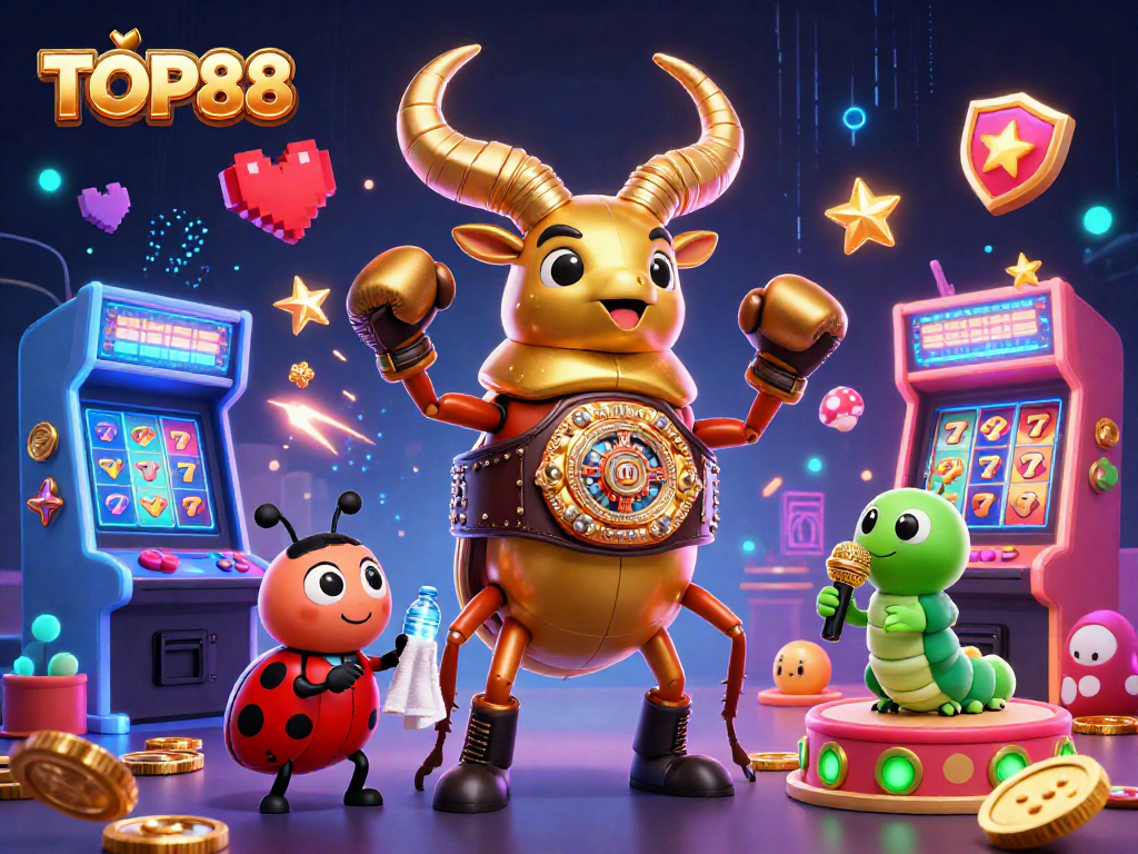 TOP88 showcases a rich 3D illustration of a giant stag beetle champion in a casino scene featuring colorful slots and arcade elements.