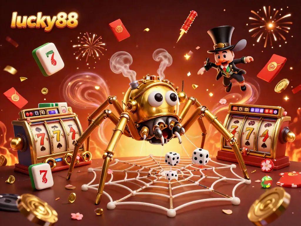 Experience the vibrant excitement of lucky88 with a dynamic 3D casino scene featuring golden spider and Victorian gentleman.