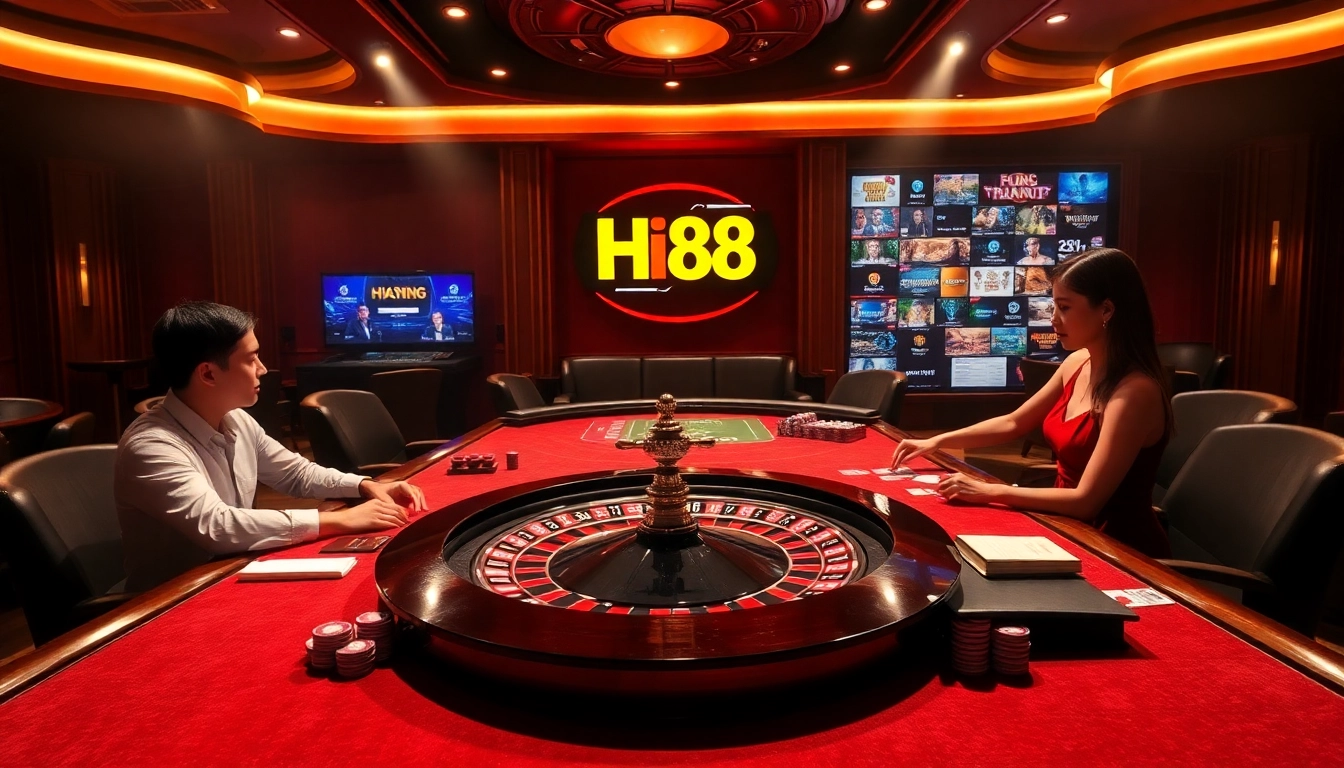 Hi88 gaming layout with players at roulette wheel, vibrant chips and cards, showcasing excitement.