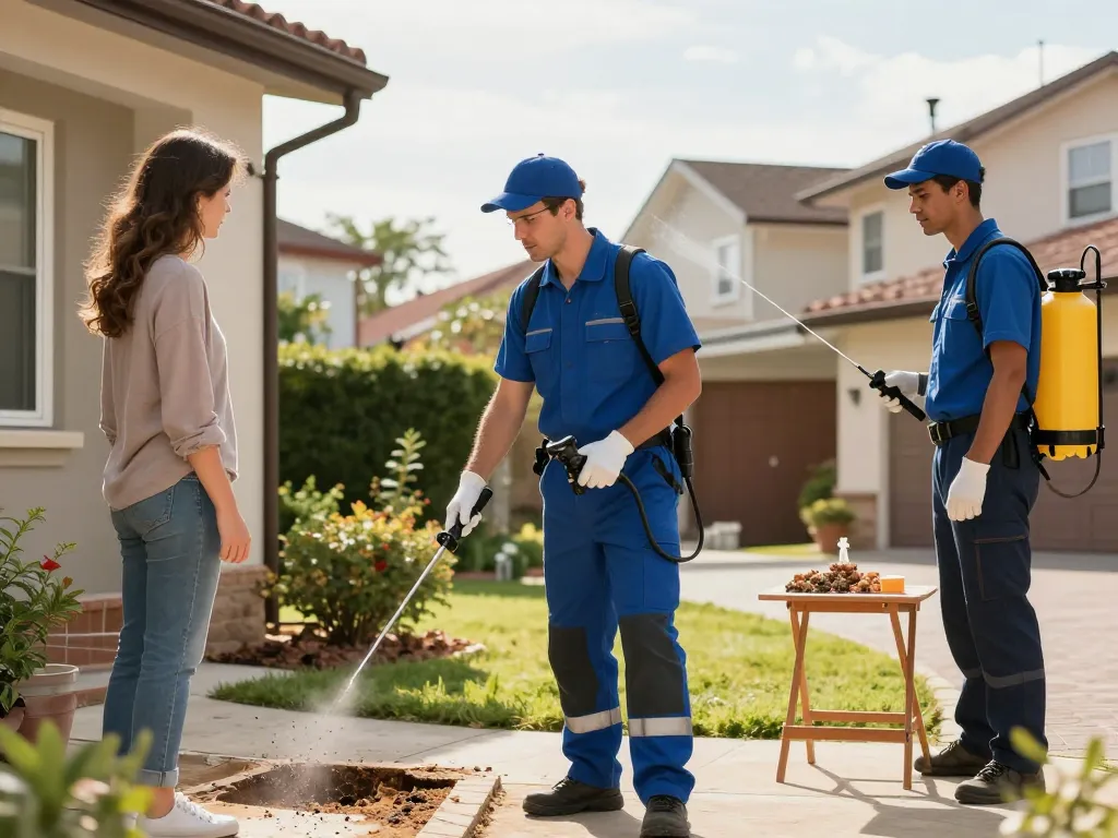 Dedetizadora team applying pest control solutions in a residential garden.