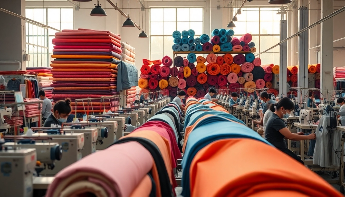 Manufacturing Clothing in China illustrated with a bustling textile factory showcasing skilled workers.