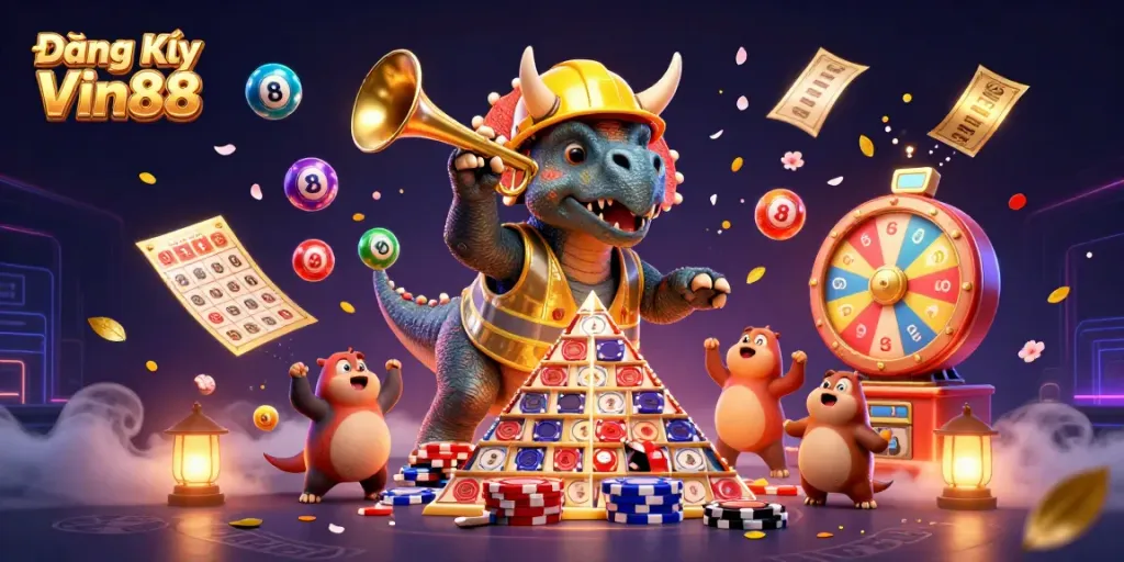 Join the action of Đăng Ký Vin88 with cartoon dinosaurs in a vibrant casino celebration.