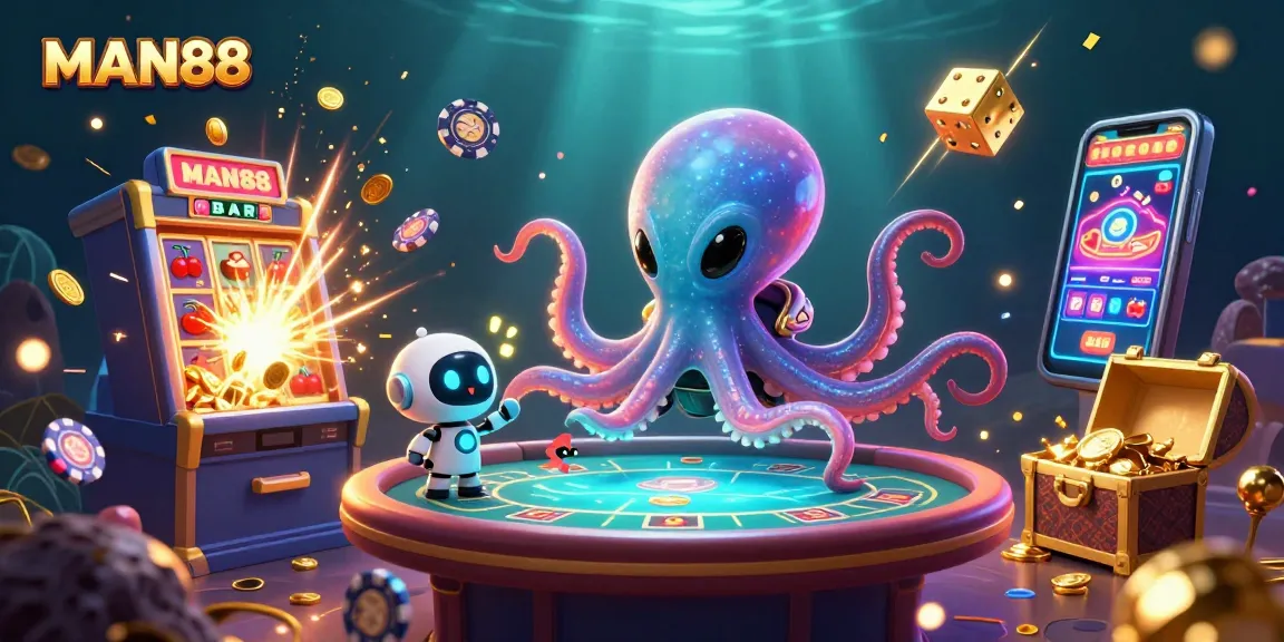 Engage in thrilling action at MAN88 with an alien octopus and a robot at a holographic poker table.