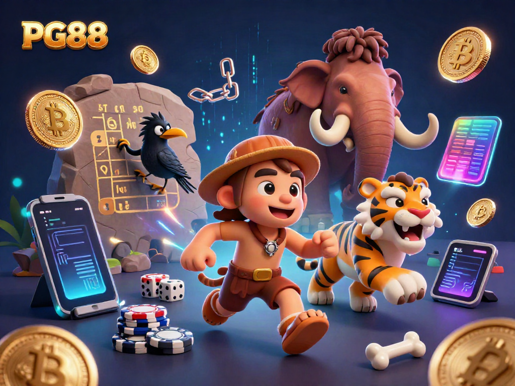Engage with PG88's vibrant prehistoric casino, featuring a caveman, tiger, and clever crow amidst crypto-themed elements.