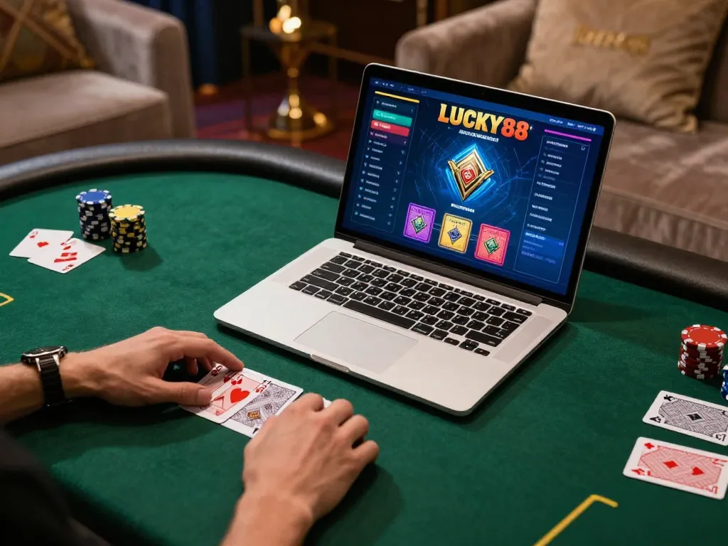 Engaging online poker session featuring LUCKY88 gameplay on a laptop with cards and chips visible.