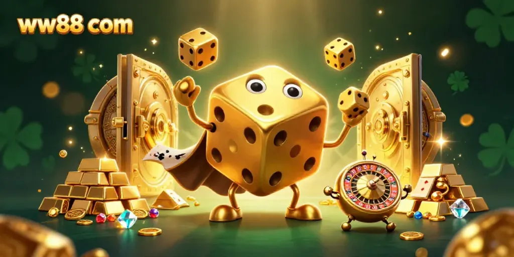 Experience the excitement of online gaming with ww88 com, featuring a cartoon dice golem and treasure galore!