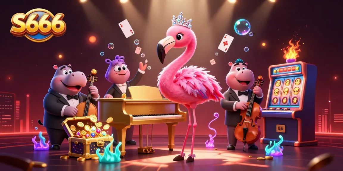 S666 features a vibrant 3D casino scene with a flamingo singer and hippo bassist, amidst exciting game elements.
