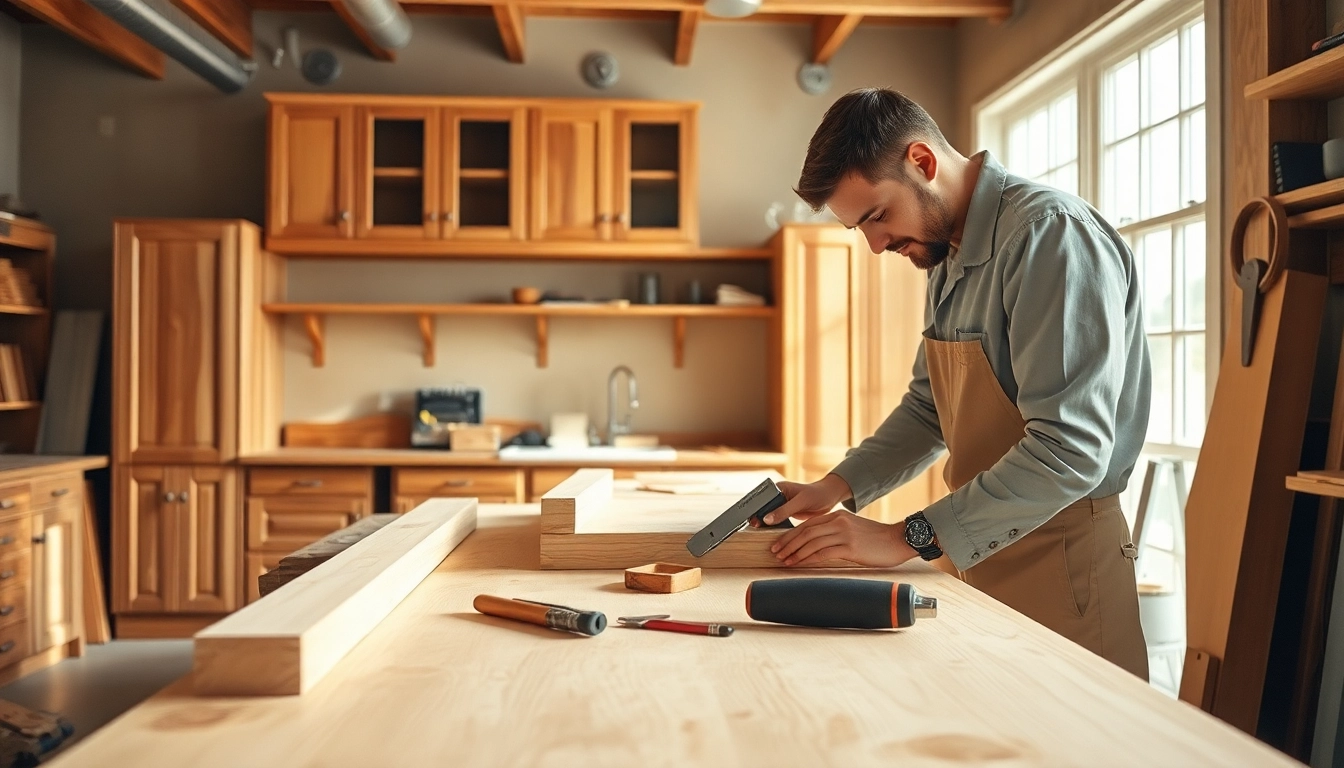 Cabinet maker near me crafting custom kitchen cabinetry in a bright workshop.