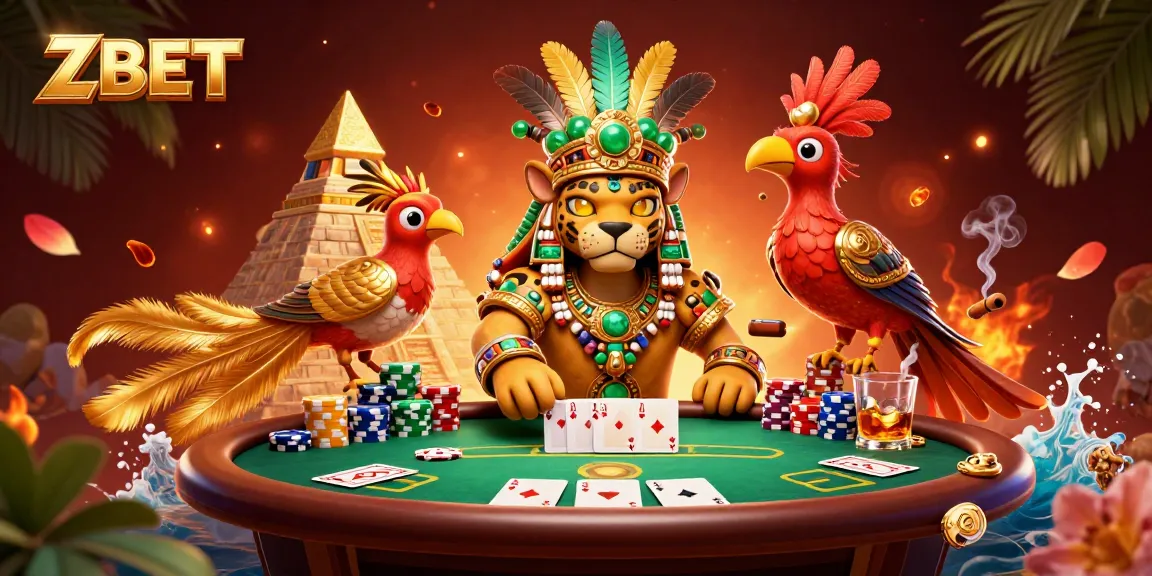 Experience winning poker hands at ZBET with the Mayan jaguar priest and vibrant casino elements.
