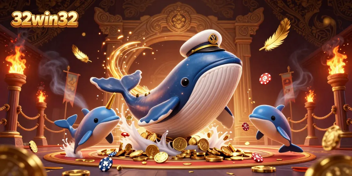 Experience the excitement of 32win32 as a whale and dolphins celebrate amidst coins and gaming elements.
