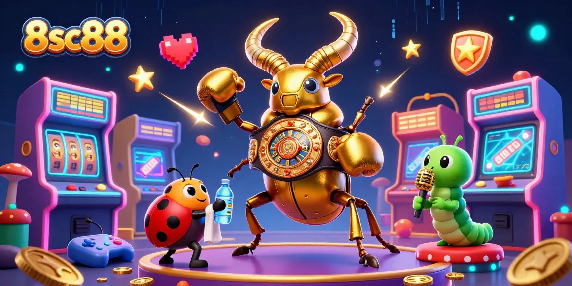 Immerse in 8sc88's gaming action with a colorful 3D scene featuring a boxing beetle and casino elements.