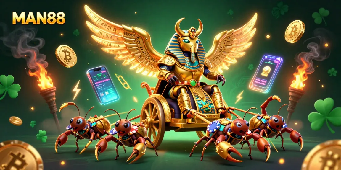 MAN88 delivers thrilling gameplay with a gold scarab and scorpion chariot amidst crypto elements.
