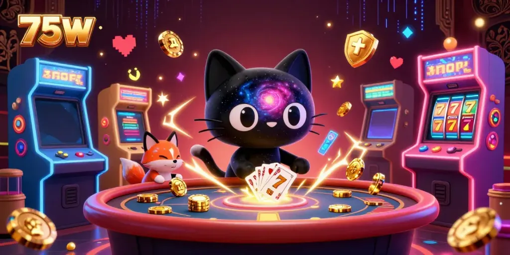 Engage with 75W entertainment at a vibrant cosmic casino featuring playful characters and gaming elements.
