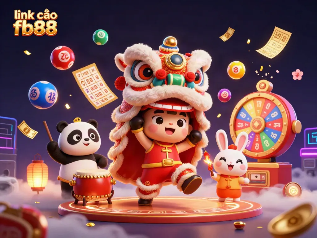 Engage with link vào fb88 as you immerse in this vibrant 3D illustration of a lively lion dance, celebrating the excitement of gaming.