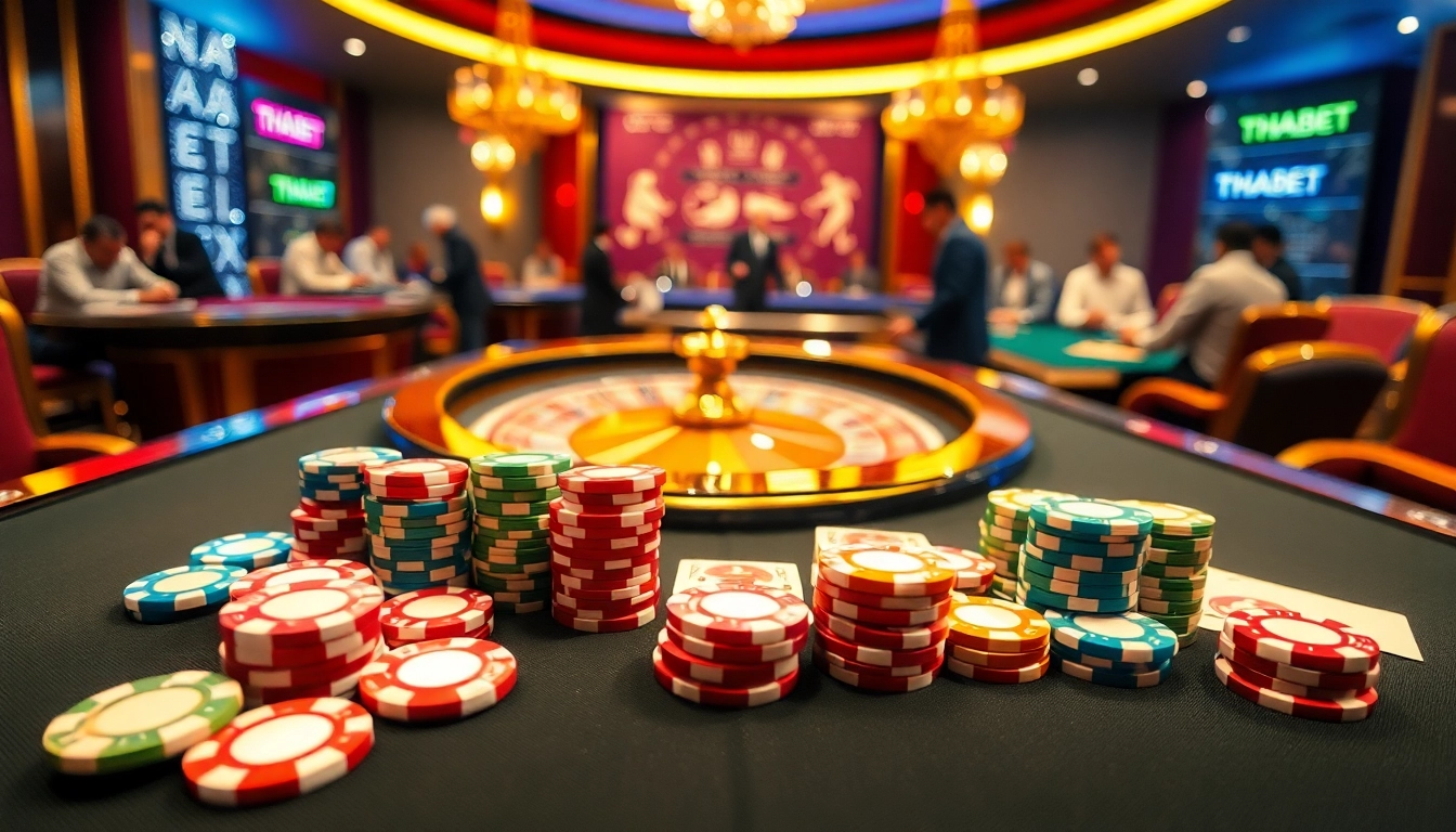 THABET showcases vibrant casino excitement with poker chips and a roulette wheel.