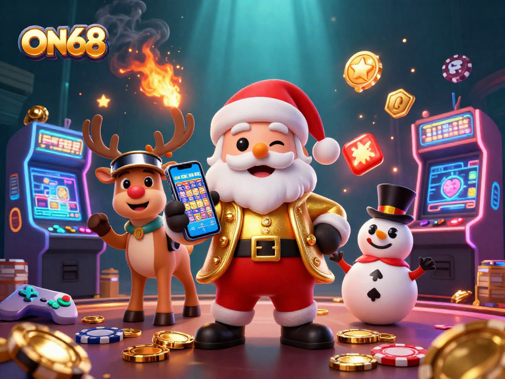 Experience the fun of ON68 as Santa plays jackpot slots with friends in this vibrant casino scene.