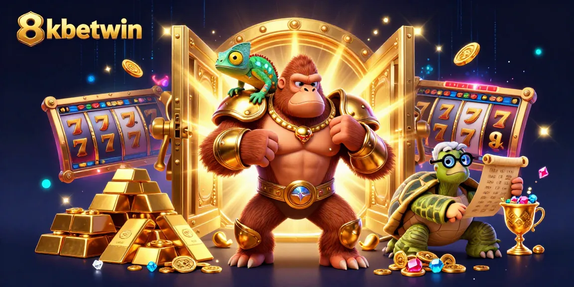 8kbetwin showcases dynamic casino excitement with gorilla king, chameleon, and tortoise in an animated scene.