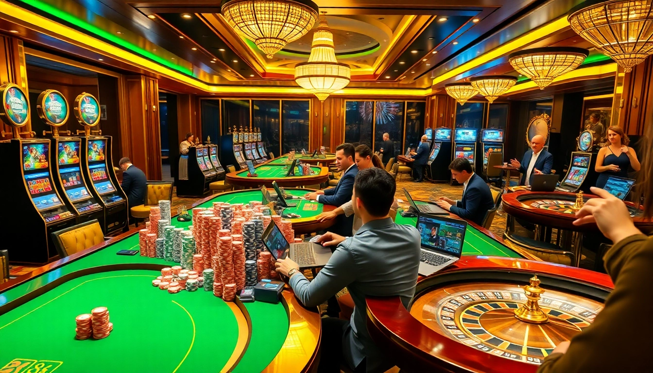 Players enjoying an exciting online casino experience at XX 88, with vibrant tables and engaging slot machines.