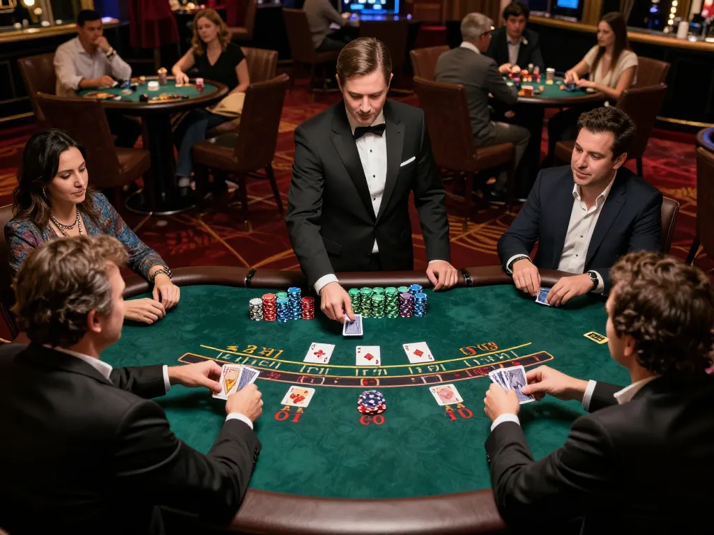 Players at a thrilling blackjack table strategizing their bets with gk888 chips stacked high.