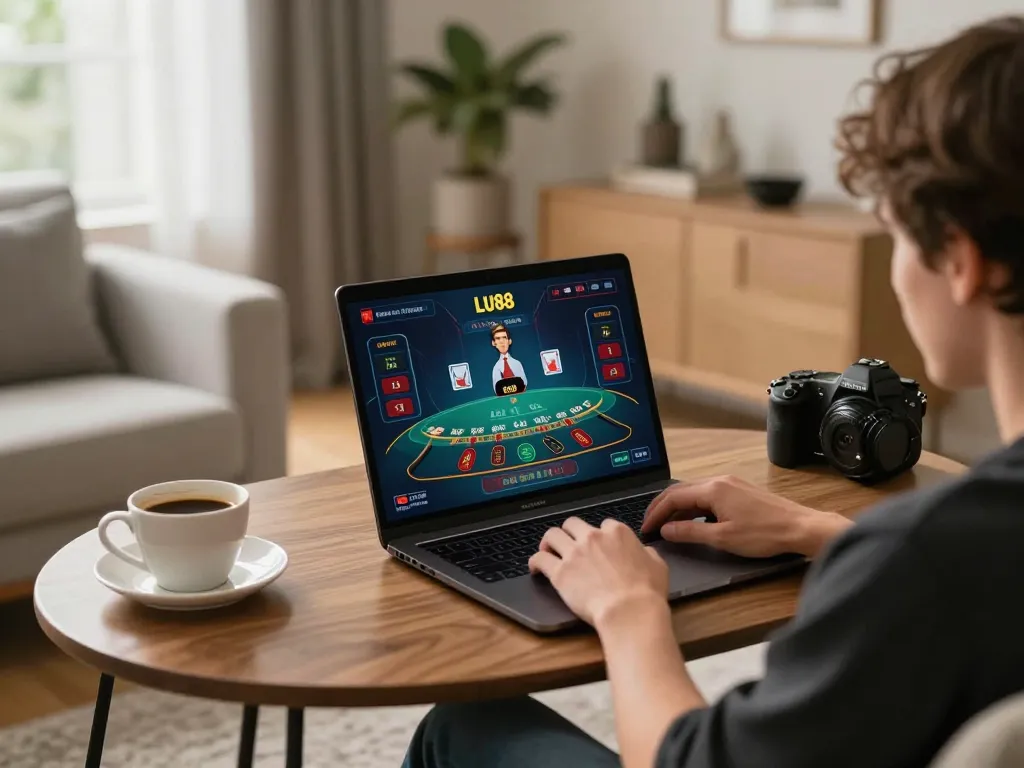 Person playing live dealer blackjack on LU88 home gaming setup, showcasing online gambling excitement.