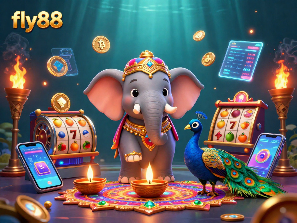 Experience thrilling gameplay and jackpots with fly88 in this vibrant 3D casino illustration featuring crypto elements.