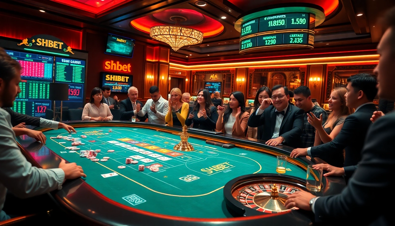 SHBET players engaging in a thrilling casino experience with vibrant cards and chips.