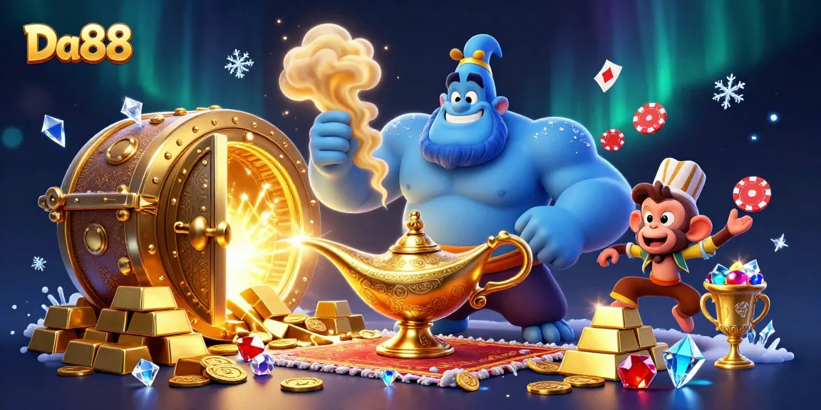 Experience the thrill at Da88 with a magical casino adventure featuring a blue genie and treasures.