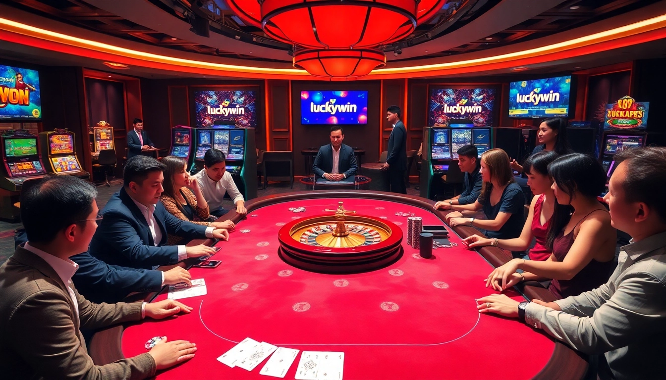 Players engage in lively gambling activities at a luxurious luckywin casino table, showcasing excitement and high stakes.