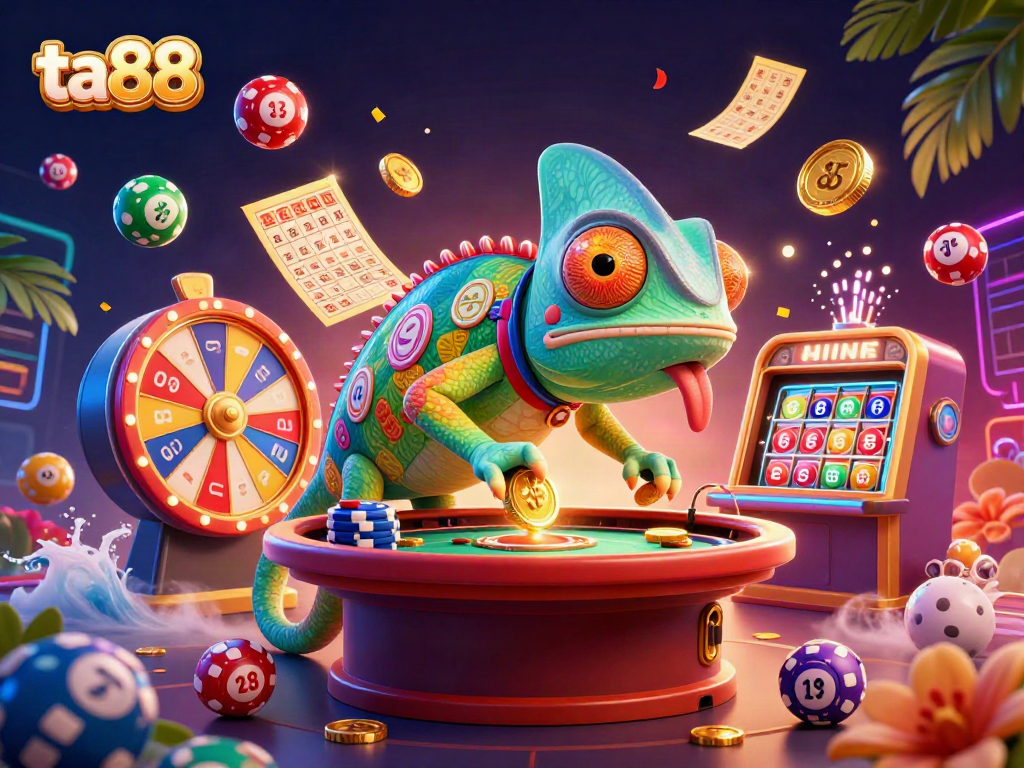 Experience thrilling wins with ta88 as a vibrant chameleon casino owner collects golden coins amidst dynamic gaming elements.