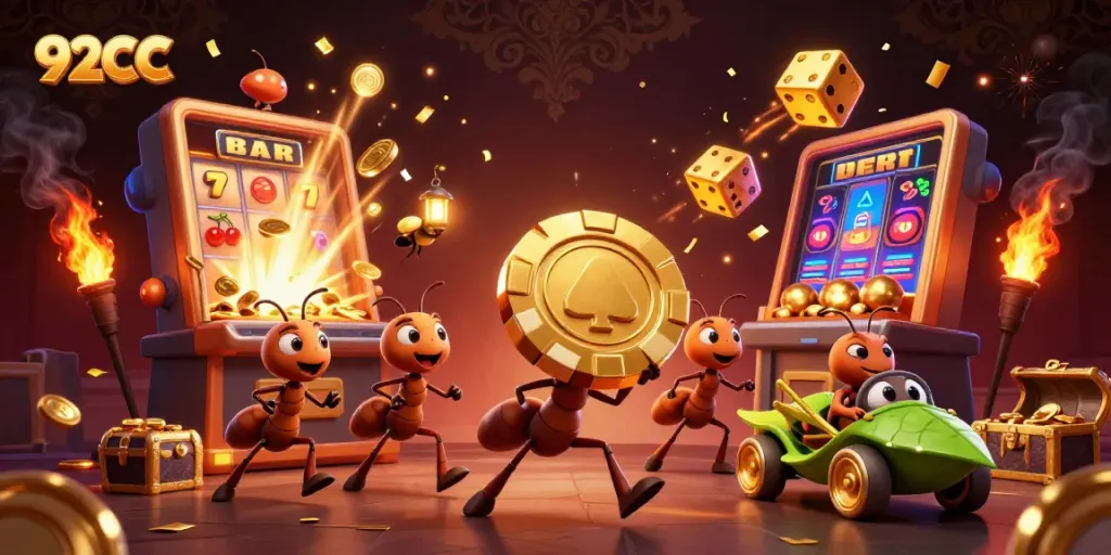 Join the thrilling heist of 92CC as ants capture golden poker chips amidst vibrant casino action.