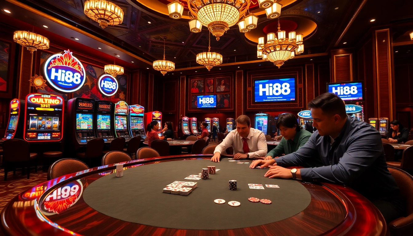 Hi88 players enjoying exciting poker action in a luxurious casino atmosphere.