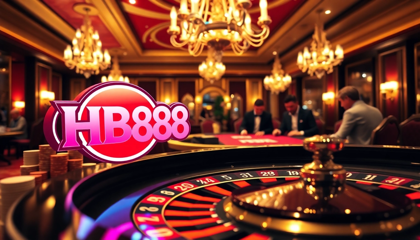 Experience high-stakes excitement at HB888 with vibrant poker tables and roulette wheels.