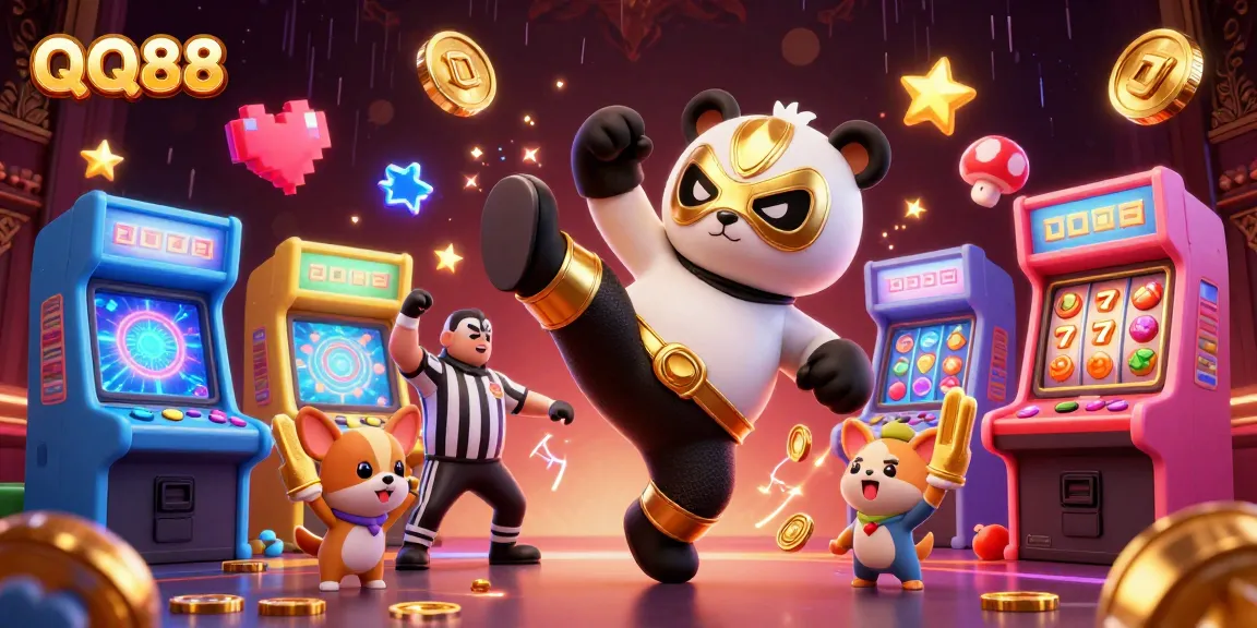 Catch thrilling action at QQ88 with a panda wrestler performing a flying kick amidst casino-themed excitement.