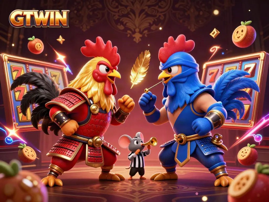 Engage with GTWIN in a thrilling twin rooster showdown amidst dynamic casino elements.