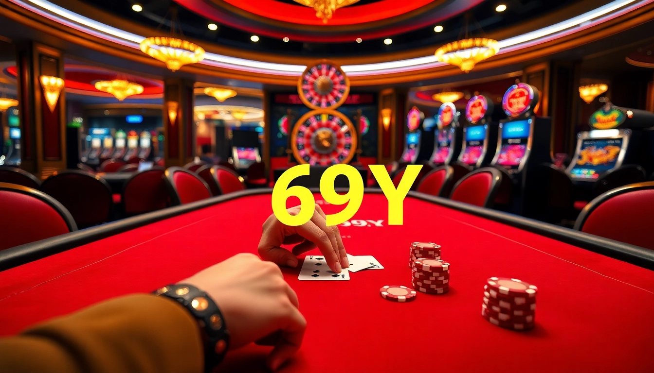 Cena envolvente de pôquer com cartas vibrantes e fichas, destacando a emoção do cassino do 69Y.