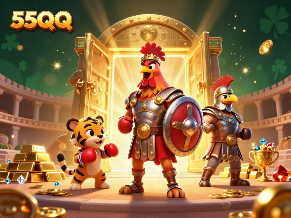 Experience thrilling wins with 55QQ, showcasing a gladiator rooster amidst gold treasures and gambling elements.