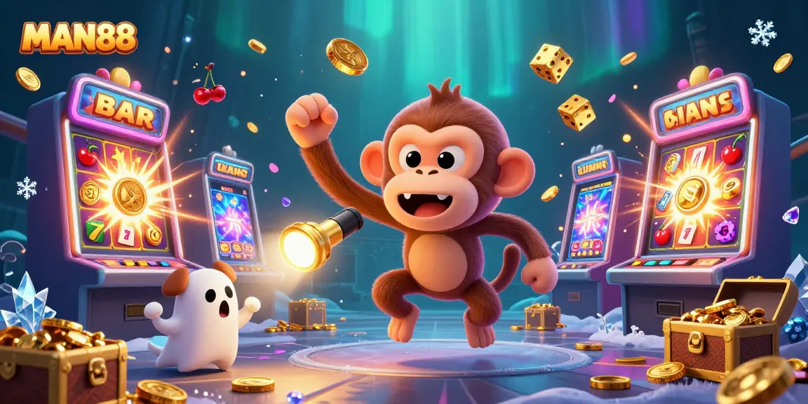 Experience thrilling action at MAN88 with a playful poltergeist monkey and ghost-hunter puppy in a vibrant casino.