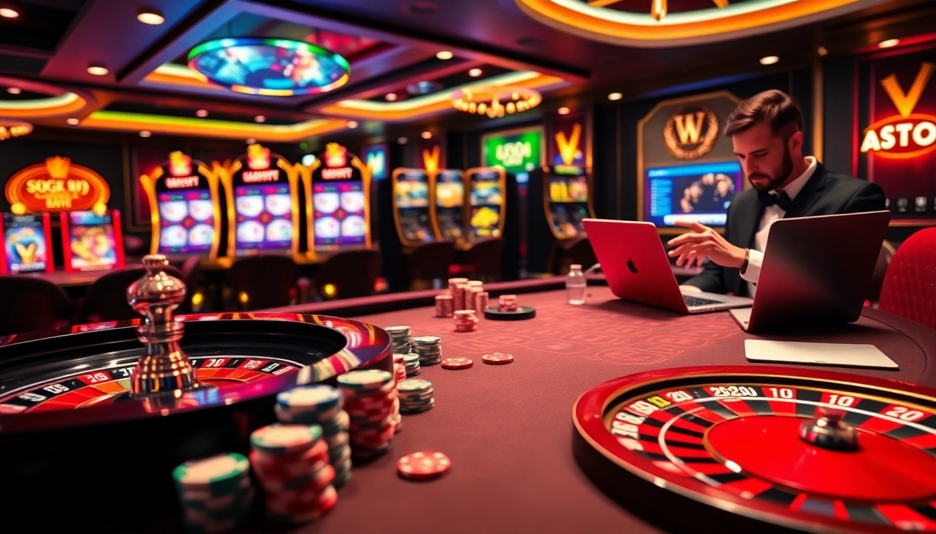 The scene captures gg8894 excitement with a luxury gambling setup featuring a roulette wheel, poker chips, and a laptop.