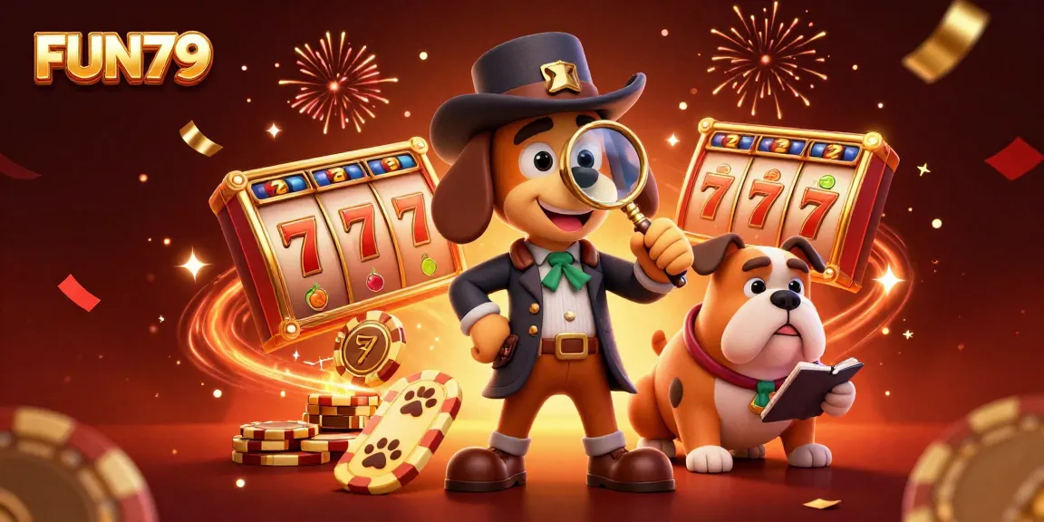 Discover the FUN79 experience with a charming detective bloodhound examining a poker chip amidst a rich gaming environment.